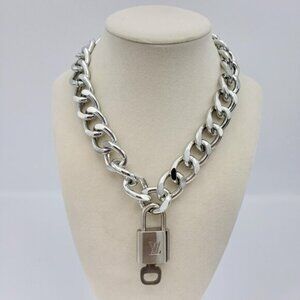 Stainless Steel Silver-Plated Necklace with Authentic Louis Vuitton Padlock